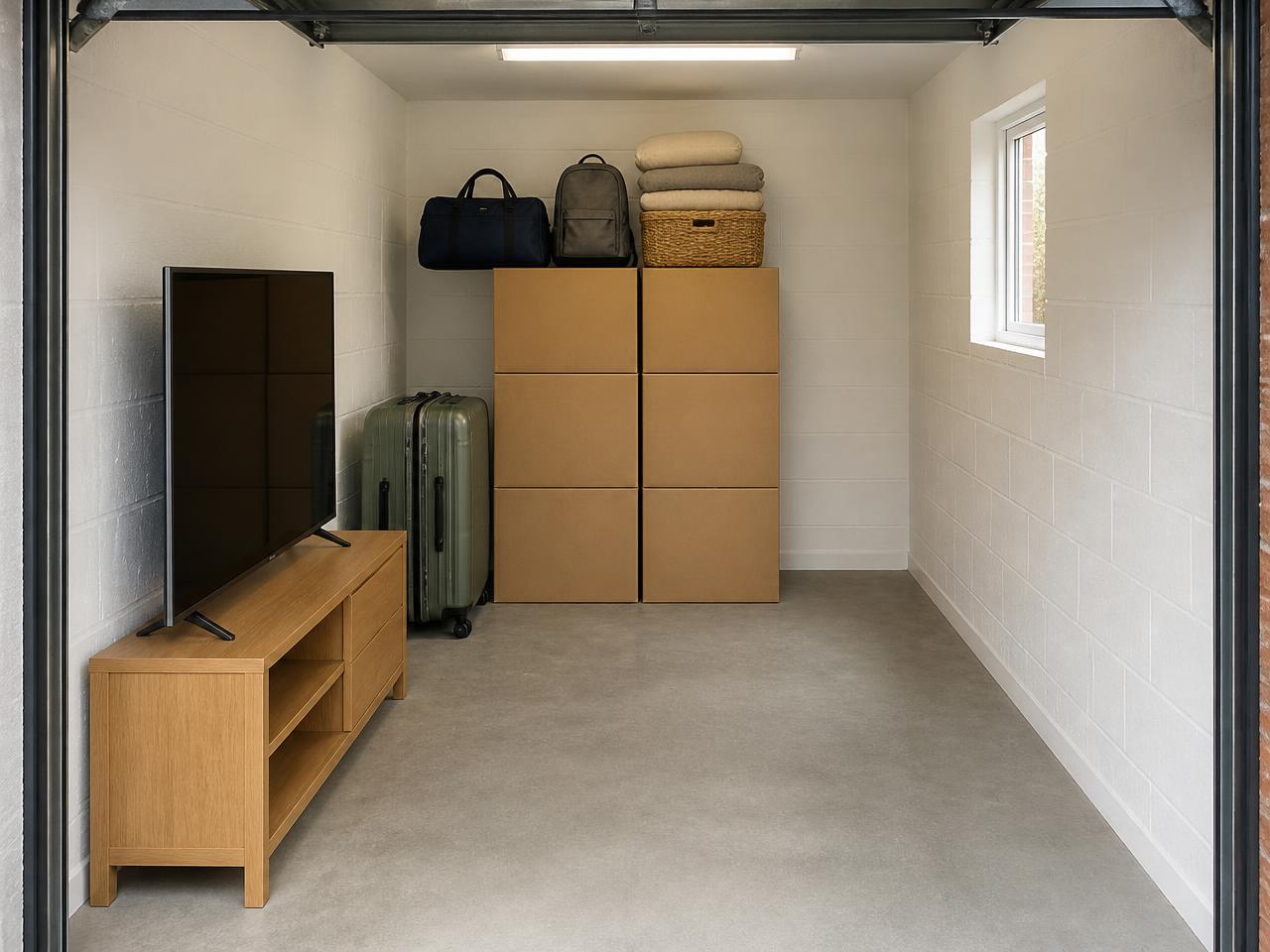 The same garage with the same belongings arranged efficiently: TV on its stand, suitcases grouped, boxes stacked, bags and bedding consolidated on top, and a clear walkway to the rear