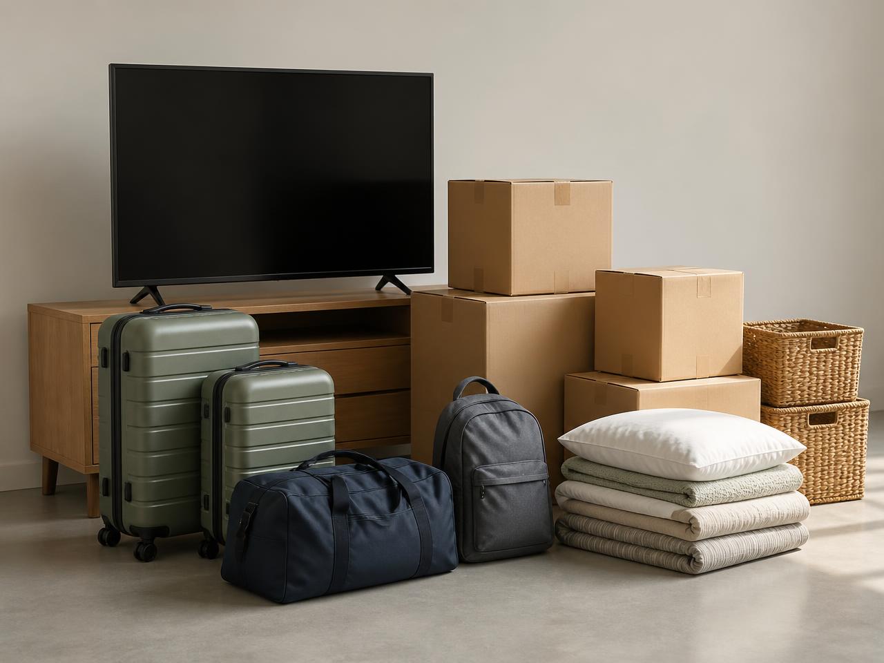 A TV on an oak stand with two sage suitcases, a navy holdall, a backpack, cardboard boxes, baskets and folded bedding