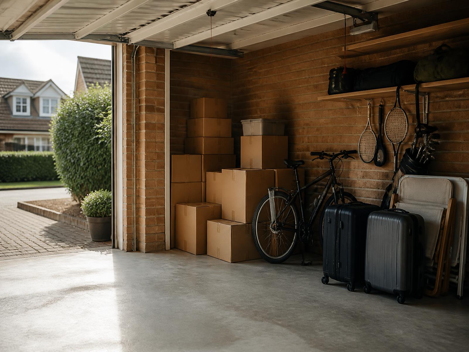 Household boxes, a bicycle and suitcases stored neatly in a British home garage