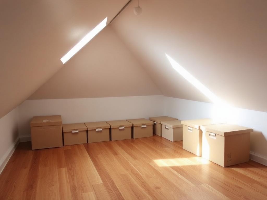 Boarded loft space in a Southsea house holding neatly stacked storage boxes